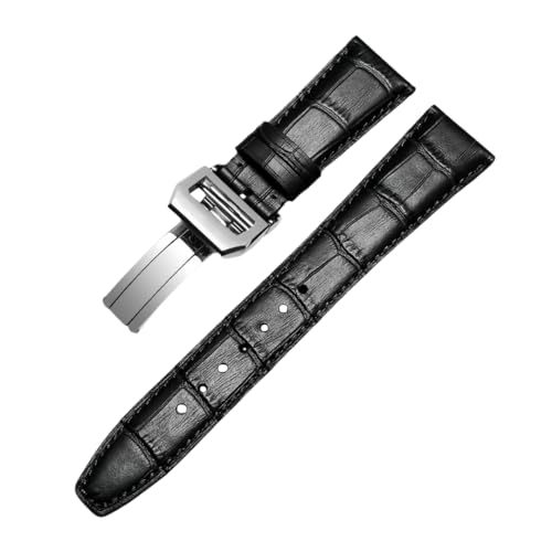 ROUREOX Echtleder Ersatz-Uhrenarmbänder Faltbuckle Handgefertigtes Leder Uhrenarmbänder Faltverschluss für IWC Portofino Pilot's Series-Schwarz + Silber B 20mm von ROUREOX