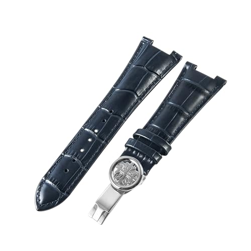 ROUREOX Echtleder-Uhrenband Schnellwechsel-Edelstahl-Sicherheitsverschluss Ersatz-Uhrenarmband für PATEK PHHLIPPE Nautilus Collection-Blau + Silber von ROUREOX