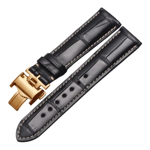ROUREOX Flexibles Echtes Leder-Armband Schmetterlingsverschluss Ersatz-Lederuhrarmband Reparaturzubehör für LONGINES Master Collection-Schwarz + Gold 21mm von ROUREOX