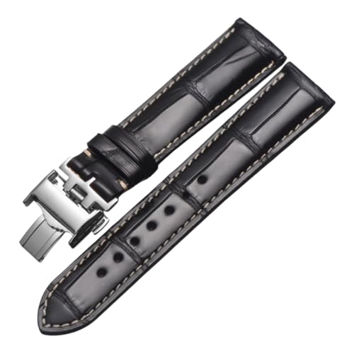 ROUREOX Flexibles Echtes Leder-Armband Schmetterlingsverschluss Ersatz-Lederuhrarmband Reparaturzubehör für LONGINES Master Collection-Schwarz + Silber 20mm von ROUREOX