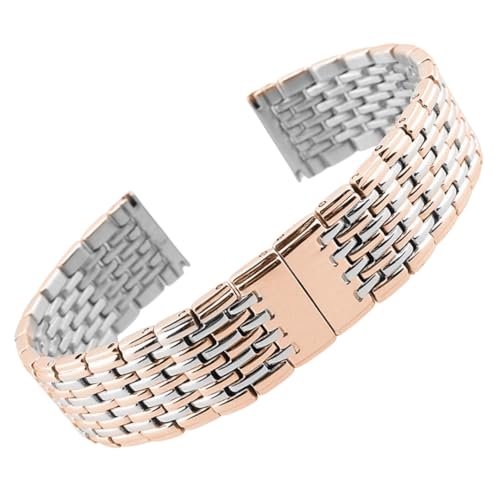 ROUREOX Frauen 9-Perlen Festmetall Ersatz Uhrarmband, Edelstahl Armband Zubehör für Longines Elegance Collection-Silber Rose Gold 18MM von ROUREOX
