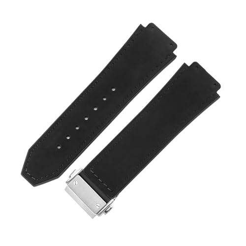 ROUREOX Frostleder-Kautschuk-Uhrenband Edelstahl-Faltverschluss Ersatz-Uhrenarmband für HUBLOT Big Bang-Schwarz + Silber von ROUREOX