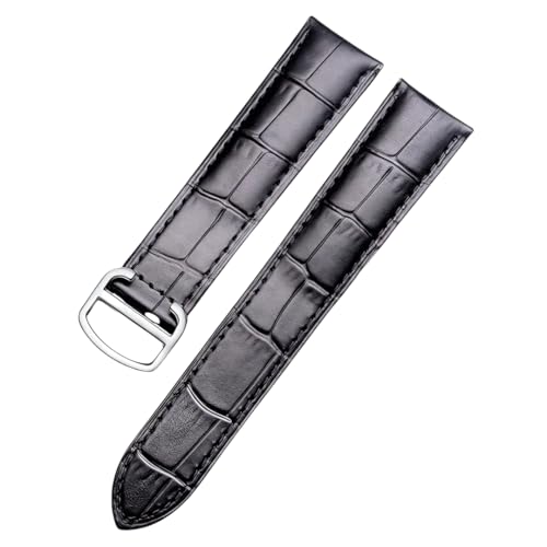 ROUREOX Handgefertigtes Echtes Leder-Uhrenarmband Schnellfreigabe Schmetterlingsverschluss Armband für Cartier Ronde Solo-Schwarz + Silber 22mm von ROUREOX