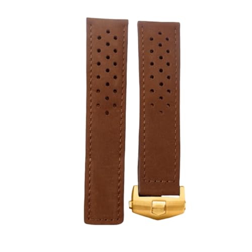 ROUREOX Herren Echtes Leder Uhrarmband Verstellbarer Sicherheitsverschluss Weiches Leder Armband Reparaturzubehör für TAG HEUER CARRERA AQUARACER Series-Dunkelbraun + Gold 22mm von ROUREOX