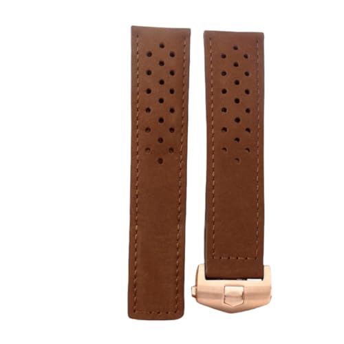 ROUREOX Herren Echtes Leder Uhrarmband Verstellbarer Sicherheitsverschluss Weiches Leder Armband Reparaturzubehör für TAG HEUER CARRERA AQUARACER Series-Dunkelbraun + Roségold 20mm von ROUREOX
