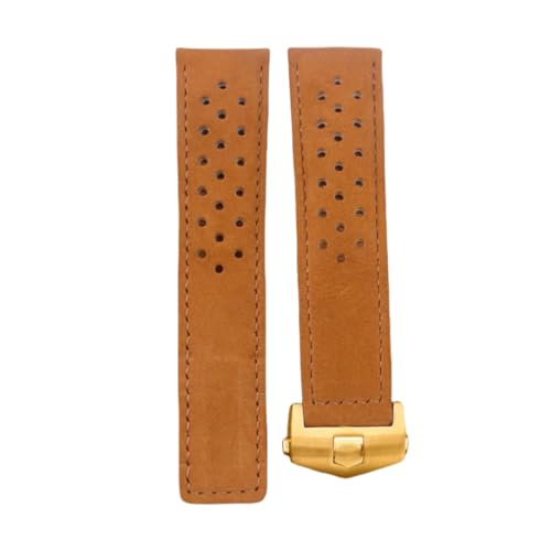 ROUREOX Herren Echtes Leder Uhrarmband Verstellbarer Sicherheitsverschluss Weiches Leder Armband Reparaturzubehör für TAG HEUER CARRERA AQUARACER Series-Hellbraun + Gold 22mm von ROUREOX