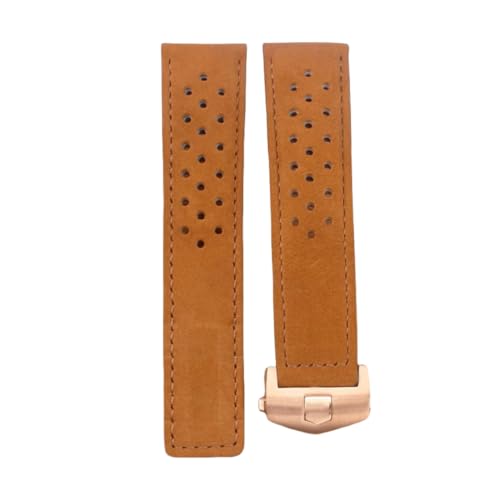 ROUREOX Herren Echtes Leder Uhrarmband Verstellbarer Sicherheitsverschluss Weiches Leder Armband Reparaturzubehör für TAG HEUER CARRERA AQUARACER Series-Hellbraun + Roségold 20mm von ROUREOX