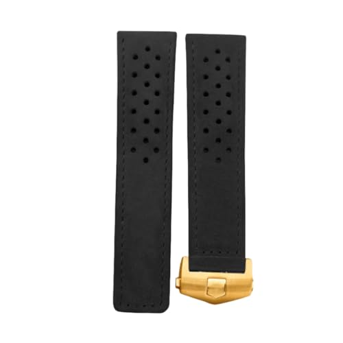 ROUREOX Herren Echtes Leder Uhrarmband Verstellbarer Sicherheitsverschluss Weiches Leder Armband Reparaturzubehör für TAG HEUER CARRERA AQUARACER Series-Schwarz + Gold 20mm von ROUREOX