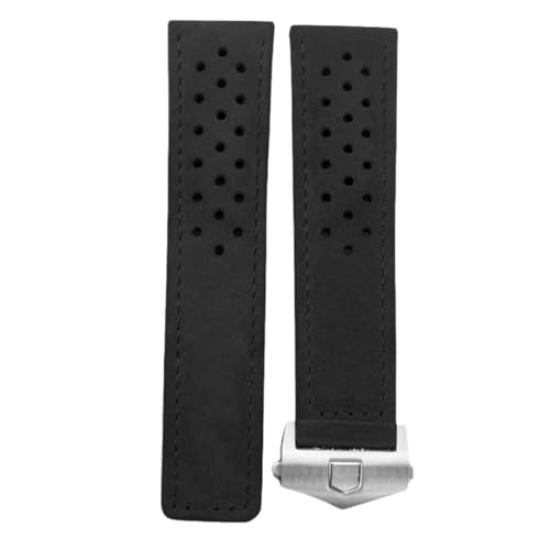 ROUREOX Herren Echtes Leder Uhrarmband Verstellbarer Sicherheitsverschluss Weiches Leder Armband Reparaturzubehör für TAG HEUER CARRERA AQUARACER Series-Schwarz + Silber 22mm von ROUREOX