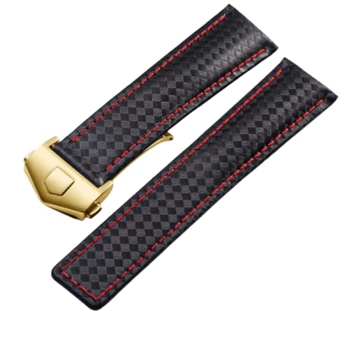 ROUREOX Kohlefaser Echtes Leder Uhrarmband Basis Schwarz Rot Klappverschluss Leder Armband für T-A-G Heuer Aquaracer Carrera Monaco series-Gold 20mm von ROUREOX