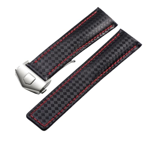 ROUREOX Kohlefasertextur Echtlederarmband Ersatzarmband Klappverschluss für T-A-G H-E-U-E-R F1-Schwarz + Silber 22mm von ROUREOX