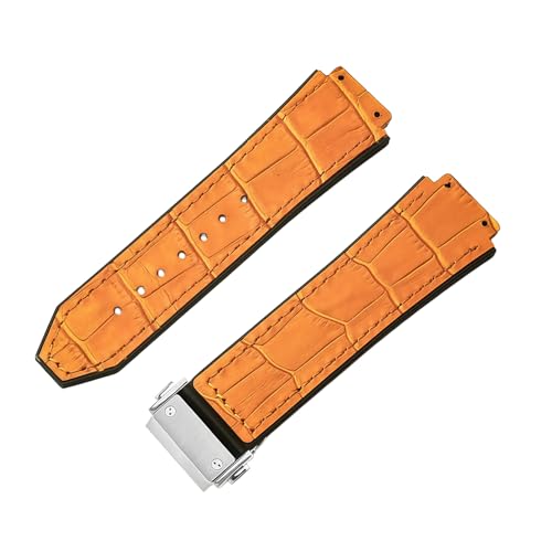 ROUREOX Leder-Kautschuk-Uhrenarmband Bambusmuster Metall-Faltverschluss Ersatz-Uhrenband für HUBLOT Big Bang-Gelb + Silber von ROUREOX
