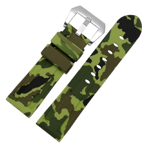 ROUREOX Quick Release Armband, Flexibles & Wasserdichtes Silikon Ersatzband für Panerai-Camouflage Grün + Silber Schnalle 24mm von ROUREOX