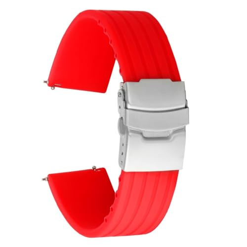 ROUREOX Verstellbares Glattes Silikon-Armband Bequemer Schnellverschluss für Uhren-Rot + Silber Schnalle 24mm von ROUREOX