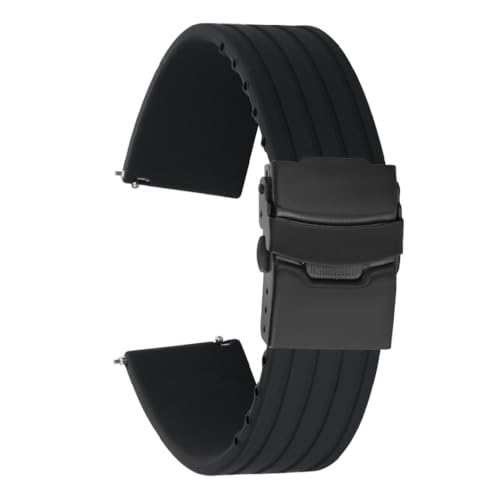 ROUREOX Verstellbares Glattes Silikon-Armband Bequemer Schnellverschluss für Uhren-Schwarz + Schwarze Schnalle 20mm von ROUREOX