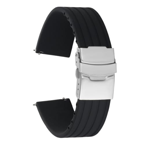 ROUREOX Verstellbares Glattes Silikon-Armband Bequemer Schnellverschluss für Uhren-Schwarz + Silber Schnalle 24mm von ROUREOX