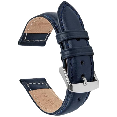 ROUREOX Vintage Uhrarmbänder Glattes Leder Halbstahlender Finish Armband Rostfreier Stahlverschluss-Dunkelblau 20mm von ROUREOX