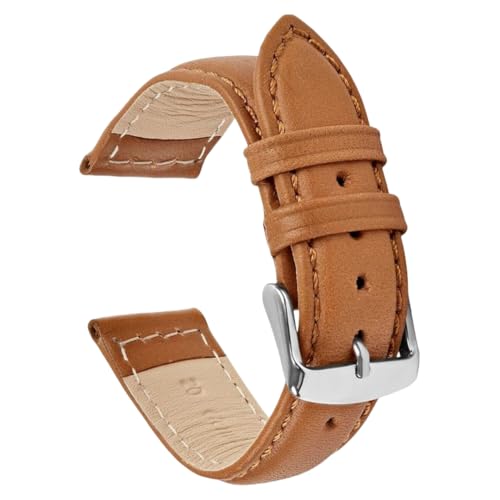 ROUREOX Vintage Uhrarmbänder Glattes Leder Halbstahlender Finish Armband Rostfreier Stahlverschluss-Hellbraun 14mm von ROUREOX