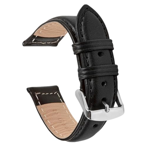 ROUREOX Vintage Uhrarmbänder Glattes Leder Halbstahlender Finish Armband Rostfreier Stahlverschluss-Schwarz 12mm von ROUREOX