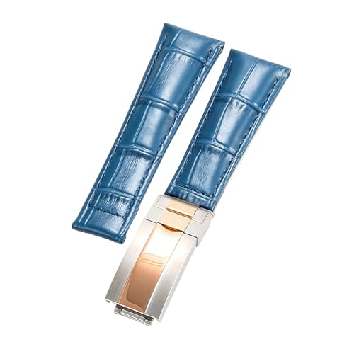 ROUREOX Weich Echtleder Ersatz-Uhrenarmband Glattleder Faltbuckle Uhrenarmband Faltverschluss für Rolex Cosmograph Daytona-Blau + Silber + Roségold von ROUREOX
