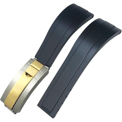 ROUREOX Weiches Silikon Armband für Herren mit Edelstahl-Druckknopf, Quick Release für Rolex Daytona Submariner Oyster Perpetual-Schwarz + Zweifarbiges Gold 21mm von ROUREOX