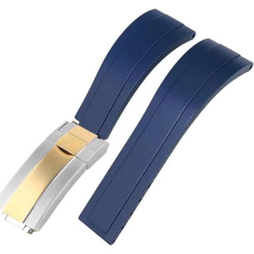ROUREOX Weiches Silikon Armband für Herren mit Edelstahl-Druckknopf, Quick Release für Rolex Submariner-Dunkelblau+Zweifarbiges Gold 20mm von ROUREOX