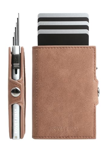 ROVET FIRST® Fast Bro 2 in 1 Slim Wallet - Kartenetui mit RFID-Schutz - Kleiner Geldbeutel für Damen & Herren - Smart Wallet - Pop Up Magnet Aluminium Kartenhalter (Braun - Silver Case, Kartenfach) von ROVET FIRST