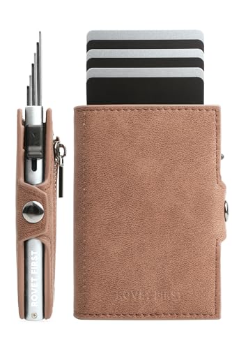 ROVET FIRST® Fast Bro 2 in 1 Slim Wallet - Kartenetui mit RFID-Schutz - Kleiner Geldbeutel für Damen & Herren - Smart Wallet - Pop Up Magnet Kartenhalter - Cardholder (Braun - Silver Case, Münzfach) von ROVET FIRST