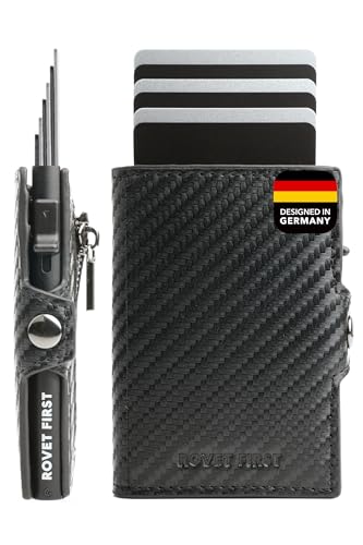 ROVET FIRST® Fast Bro 2 in 1 Slim Wallet - Kartenetui mit RFID-Schutz - Kleiner Geldbeutel für Damen & Herren - Smart Wallet Pop Up Karten Portemonnaie (Carbon - Black Case, Münzfach) von ROVET FIRST