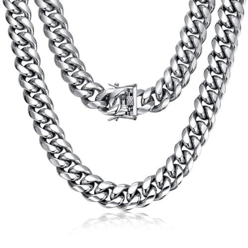 ROWIN&CO Halskette Herren Panzerkette Silber Edelstahl Hip Hop Schmuck Kubanische Kette für Männer Jungen 45-88cm | 15 mm Cuban Link Chain Persönlichkeit Gliederkette. (66) von ROWIN&CO