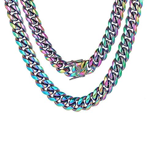 ROWIN&CO Halskette Kette Edelstahl Panzerkette Regenbogen Herren Damen Hip Hop Schmuck Miami Kubanische Kette 45-88 cm | 15 mm Dicke Cuban Link Chain Persönlichkeit Gliederkette. (50) von ROWIN&CO