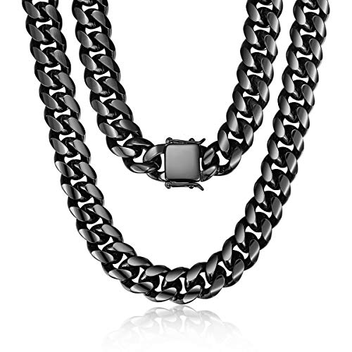 ROWIN&CO Herren Halskette Edelstahl Panzerkette Schwarz Kette Hip Hop Schmuck Miami Kubanische Kette 18-35 Zoll | 15 mm • Cuban Link Chain Persönlichkeit Gliederkette. von ROWIN&CO