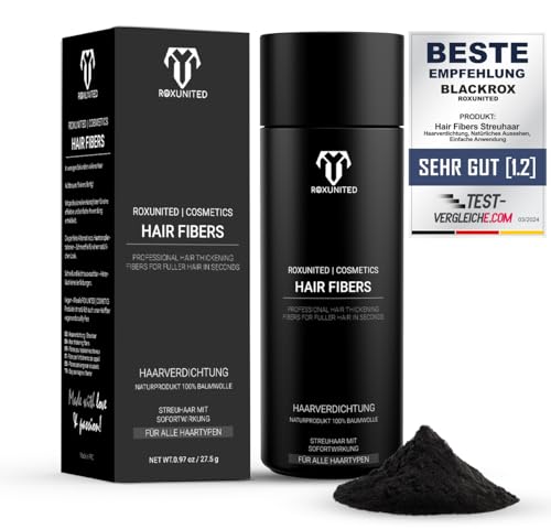 ROXUNITED Streuhaar & Haarpuder 27,5G [Schwarz] Vergleichssieger 2024 | Für Männer & Frauen | Perfekt zur Haarverdichtung & als Haarauffüller | Schütthaar | Steigert das Haarvolumen von ROXUNITED