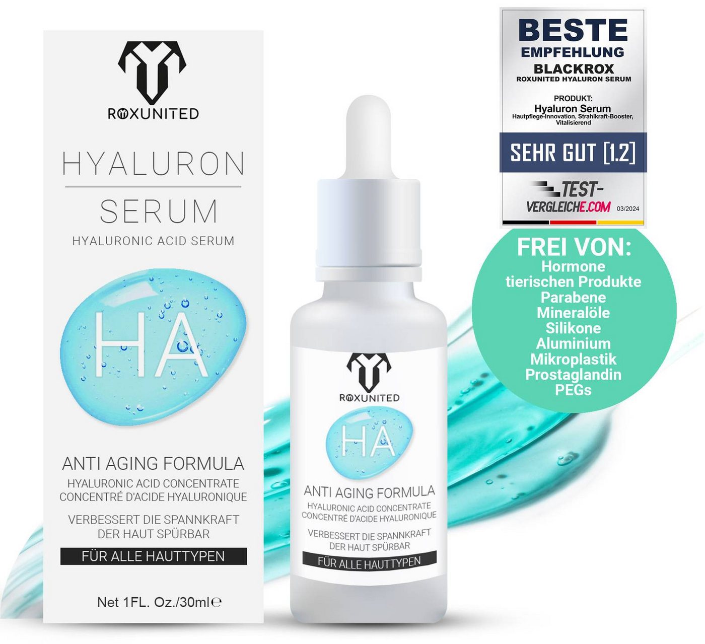 ROXUNITED Gesichtsserum [Vergleichssieger 2024] Hormonfrei, Für alle Hauttypen, Anti-Aging, Gesicht, Hals, Dekolletê von ROXUNITED