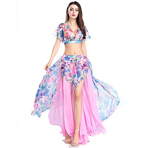 ROYAL SMEELA Bauchtanz Rock Bauchtanz Oberteil Anzug Sexy Bauchtanz kostüm Damen Performance Kleider Blumen Chiffon Tanzen Tops Röcke Tanz Outfit Set für Frauen Tanzkostüm Röcke Oberteil Tanzanzug von ROYAL SMEELA