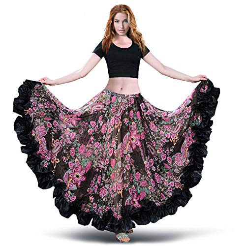ROYAL SMEELA Flamenco Bauchtanz Rock Damen 360/720 Grad Blumen Chiffon Langer Maxirock Tribal Zigeuner Kostüm von ROYAL SMEELA