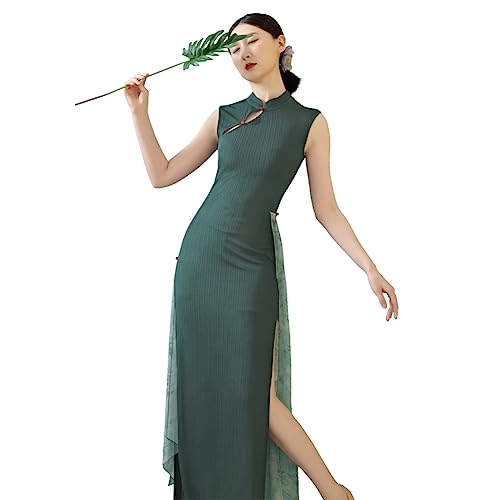 ROYAL SMEELA Grün Traditionell Chinesisch Cheongsam Lang Kleid Damen Gestrickt Chinesisches Cheongsam Qipao Kleid Für Frauen Ärmellos Geschlitzt Cheongsam Kleid Damen Chinesischer Stil Qipao Kleid von ROYAL SMEELA