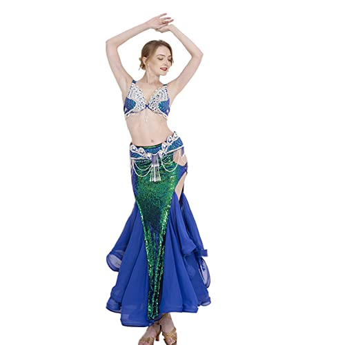 ROYAL SMEELA Pailletten Bauchtanz Kostuem professionell orientalische Tanzkleidung Damen Strass bauchtanzkleidung für Frauen Bauchtanz kostüm Damen Set blau Bauchtanz BH+gürtel+Meerjungfrau Rock von ROYAL SMEELA
