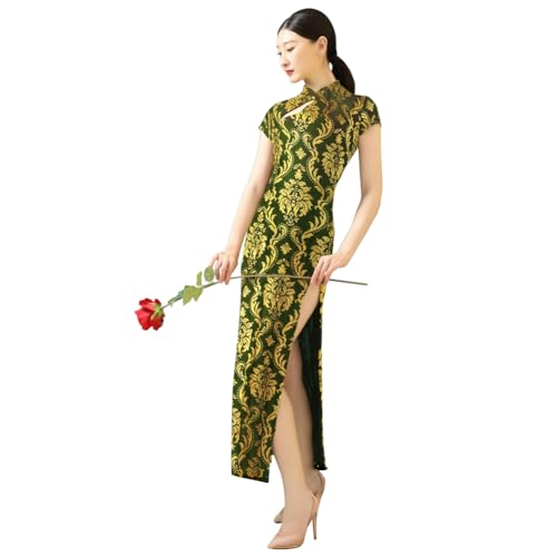 ROYAL SMEELA Traditionell Chinesisches Cheongsam Qipao Kleid Für Damen - Samt, Gedruckt, Kurzarm, Lang - Grün von ROYAL SMEELA