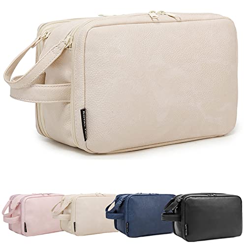 ROYALFAIR Kulturbeutel PU-Leder für Frauen Große Kapazität Reise-Organizer-Tasche Rasier-Dopp-Kit Wasserfeste Toilettenartikel-Organizer Kosmetiktaschen (Beige) von ROYALFAIR