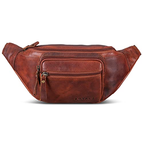 ROYALZ 'Alabama' Gürteltasche Leder Herren Damen Bauchtasche Retro Vintage Look Hüfttasche flach Brusttasche Brustbeutel Echtleder | Verstellbarer Gurt bis 130 cm, Farbe:Roma Cognac Braun von ROYALZ