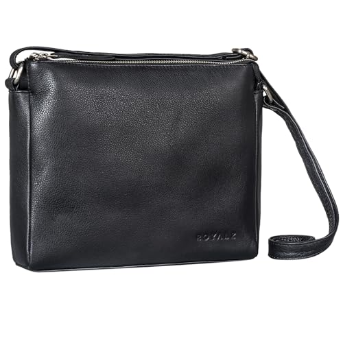 ROYALZ 'Albany' Vintage Damen Handtasche Leder moderne kleine Ledertasche Damenhandtasche zum umhängen Frauen Umhängetasche Echtleder, Farbe:Schwarz von ROYALZ