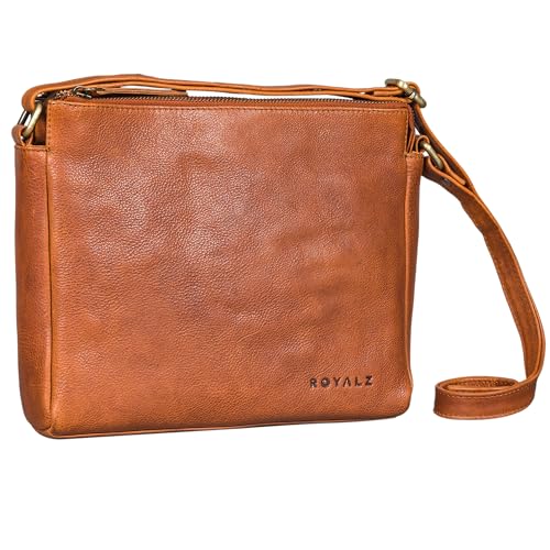 ROYALZ 'Albany' Vintage Damen Handtasche Leder moderne kleine Ledertasche Damenhandtasche zum umhängen Frauen Umhängetasche Echtleder, Farbe:Texas Braun von ROYALZ
