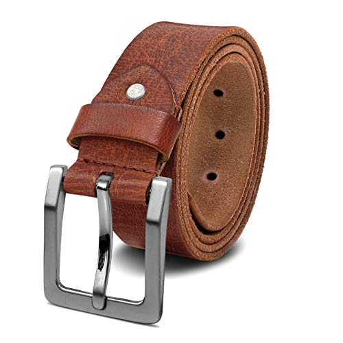 ROYALZ 'Oakland' Antik Vintage Ledergürtel für Herren Büffel-Leder aus robusten 4mm Voll-Leder Jeans-Herren-Gürtel mit Dornenschließe 38mm, Größe:100, Farbe:Cognac Braun - Schnalle gebürstet von ROYALZ