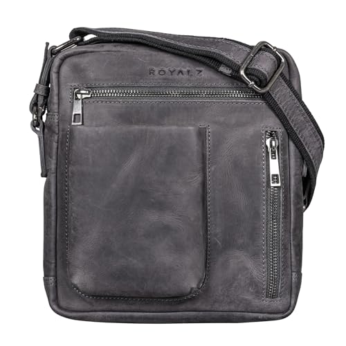 ROYALZ 'Antonio' Herrentasche Leder klein im Vintage Look - kleine Männer Umhängetasche aus Echtleder - kompakte Messenger Bag Ledertasche Herren mir Reißverschluss, Farbe:Navy Grau von ROYALZ