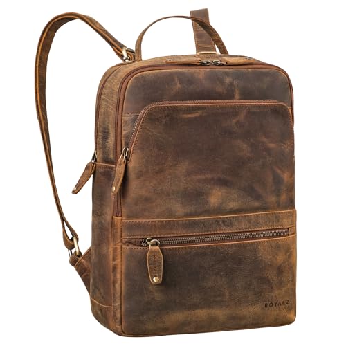 ROYALZ 'Broadway' Leder Rucksack Damen Herren mittelgroß - ideal als Laptoprucksack 13-14.5 Zoll für Arbeit Uni Freizeit - moderner Echtleder Tagesrucksack im Vintage Look, Farbe:Nevada braun von ROYALZ