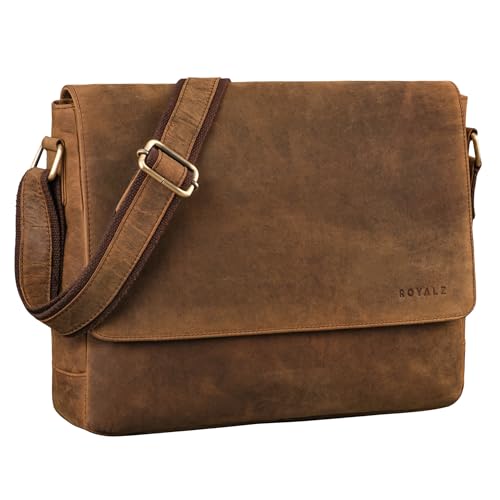 ROYALZ Vintage Umhängetasche Leder mittel-groß für Herren Damen 14-15 Zoll Laptop-Tasche 'San Diego' Bürotasche Messenger Bag Arbeitstasche Aktentasche Echtleder, Farbe:Nevada braun von ROYALZ
