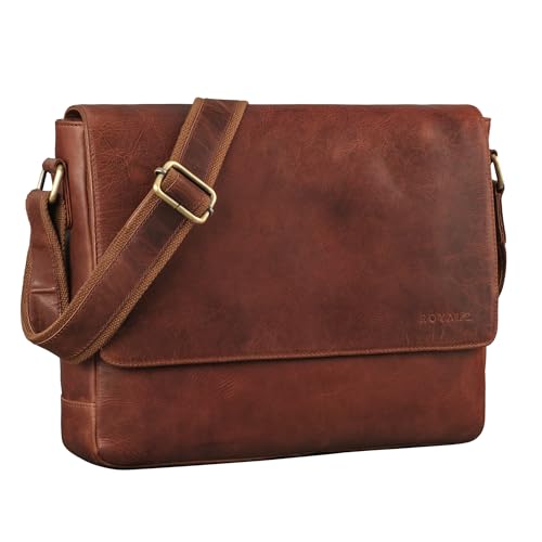 ROYALZ Vintage Umhängetasche Leder mittel-groß für Herren Damen 14-15 Zoll Laptop-Tasche 'San Diego' Bürotasche Messenger Bag Arbeitstasche Aktentasche Echtleder, Farbe:Roma Cognac Braun von ROYALZ