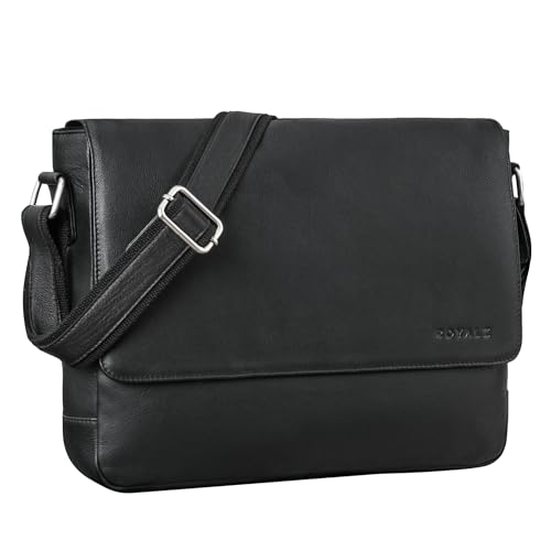 ROYALZ Vintage Umhängetasche Leder mittel-groß für Herren Damen 14-15 Zoll Laptop-Tasche 'San Diego' Bürotasche Messenger Bag Arbeitstasche Aktentasche Echtleder, Farbe:Schwarz von ROYALZ