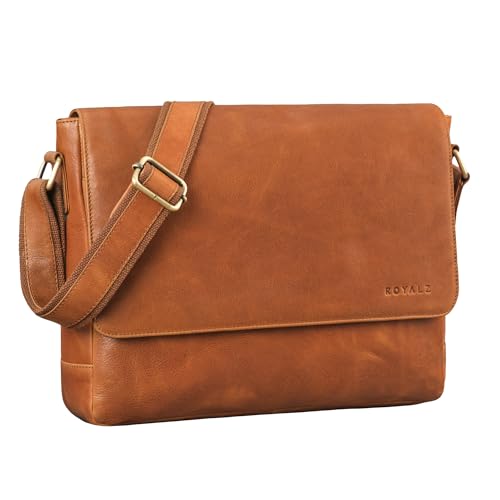 ROYALZ Vintage Umhängetasche Leder mittel-groß für Herren Damen 14-15 Zoll Laptop-Tasche 'San Diego' Bürotasche Messenger Bag Arbeitstasche Aktentasche Echtleder, Farbe:Texas Braun von ROYALZ